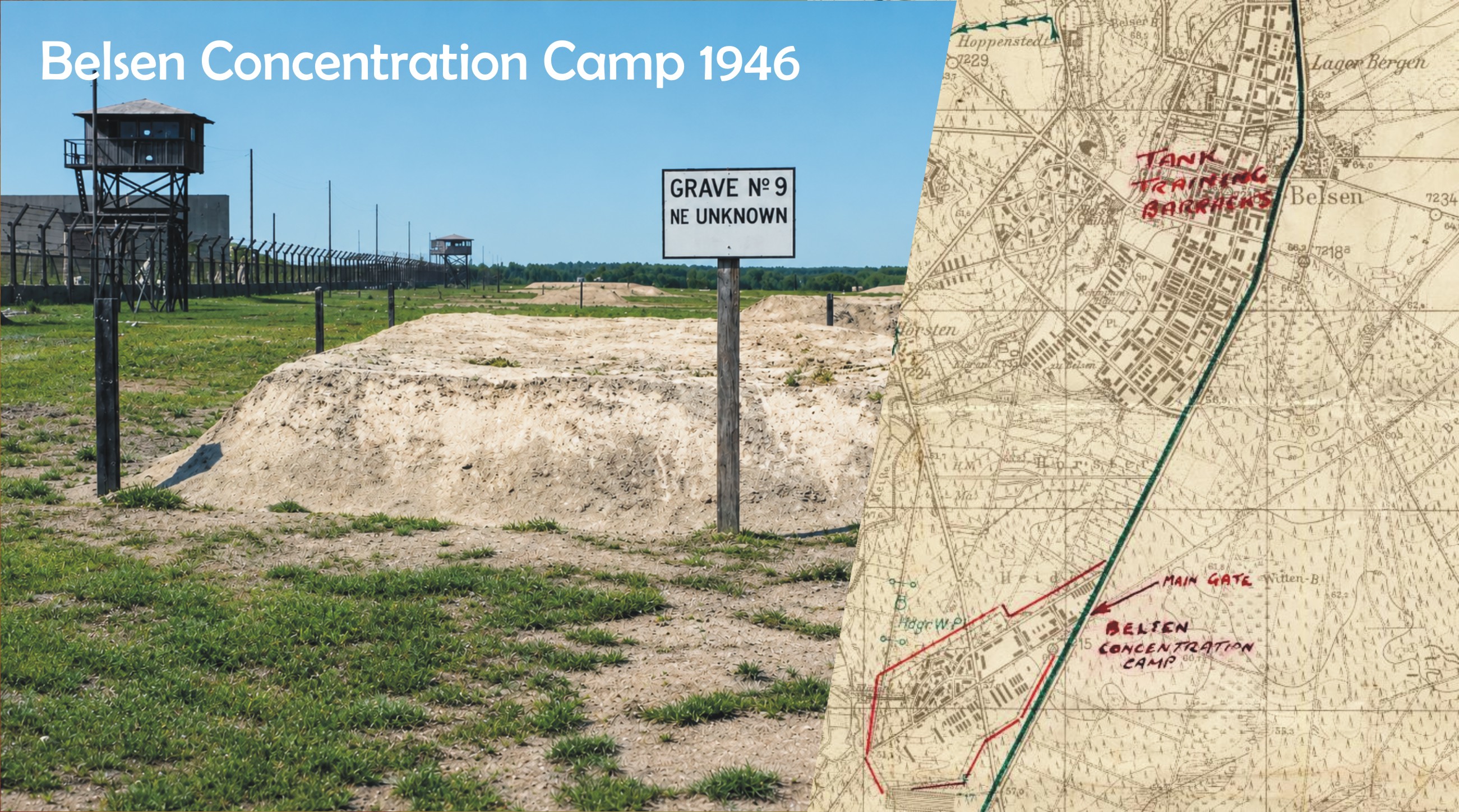 Belsen concentration camp site and a marked historical map.